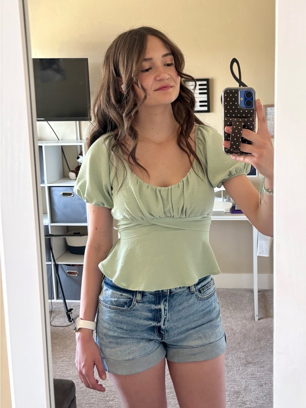 Altar'd State Light Sage Off-Shoulder Bow Tie Peplum Top